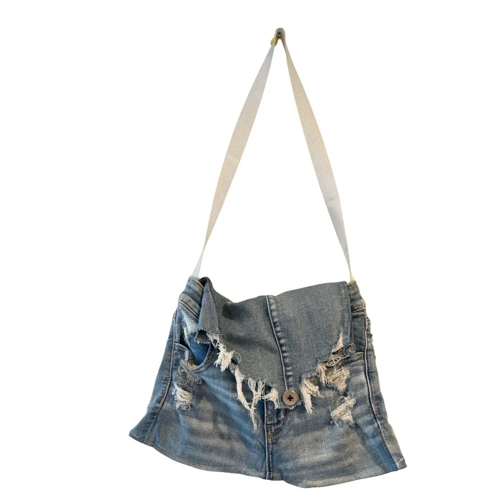 Handmade Upcycled American Eagle Denim Crossbody Bag Distressed Jean Purse Boho